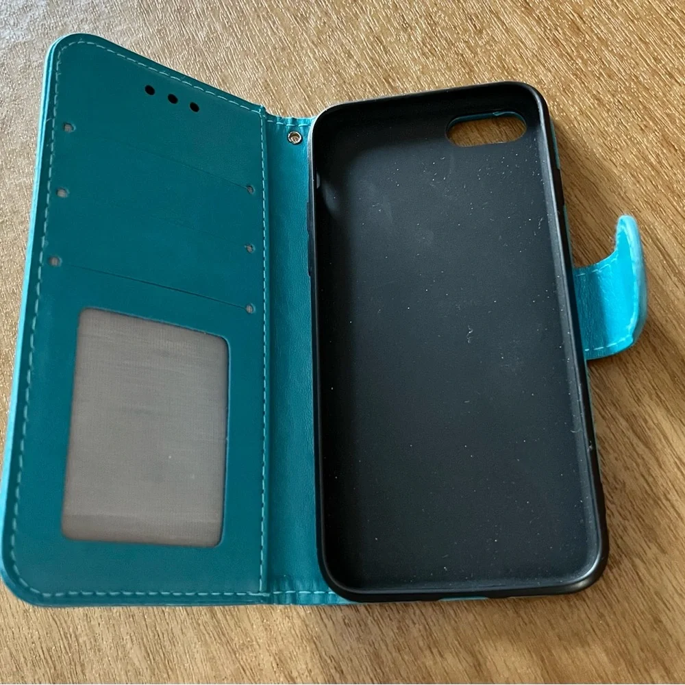 Magnetic close Leather IPhone wallet fits iPhone 7 or 8 in Turquoise color.